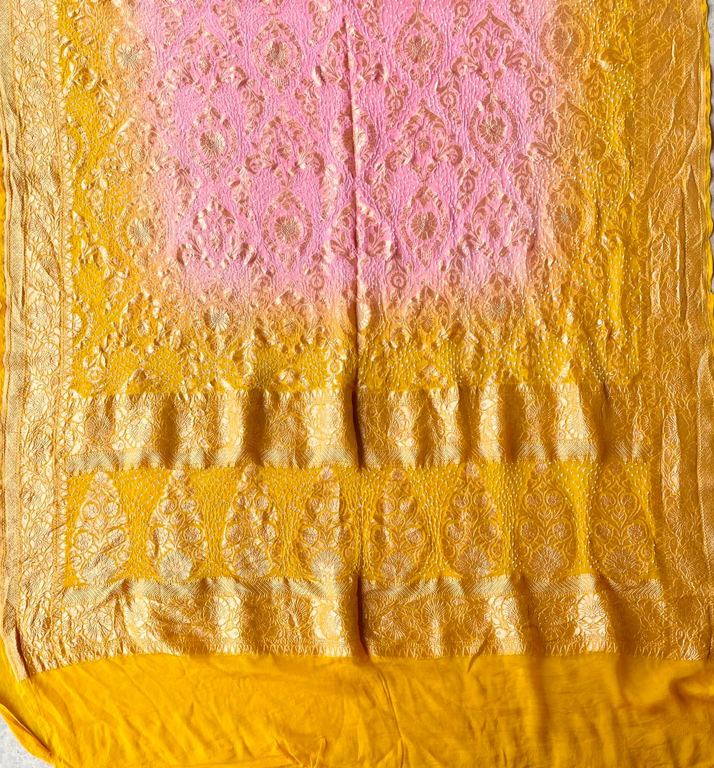Nirvana - Yellow & Peach Bandhani Banarasi Dupatta