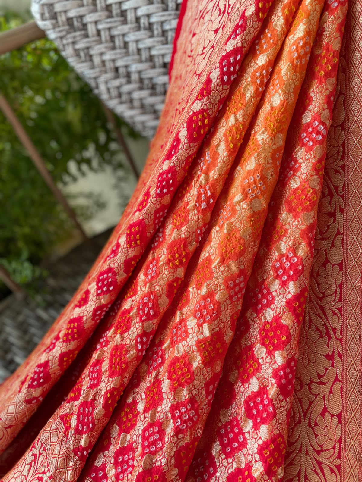 Aarzoo - Red & Orange Bandhani Banarasi Dupatta
