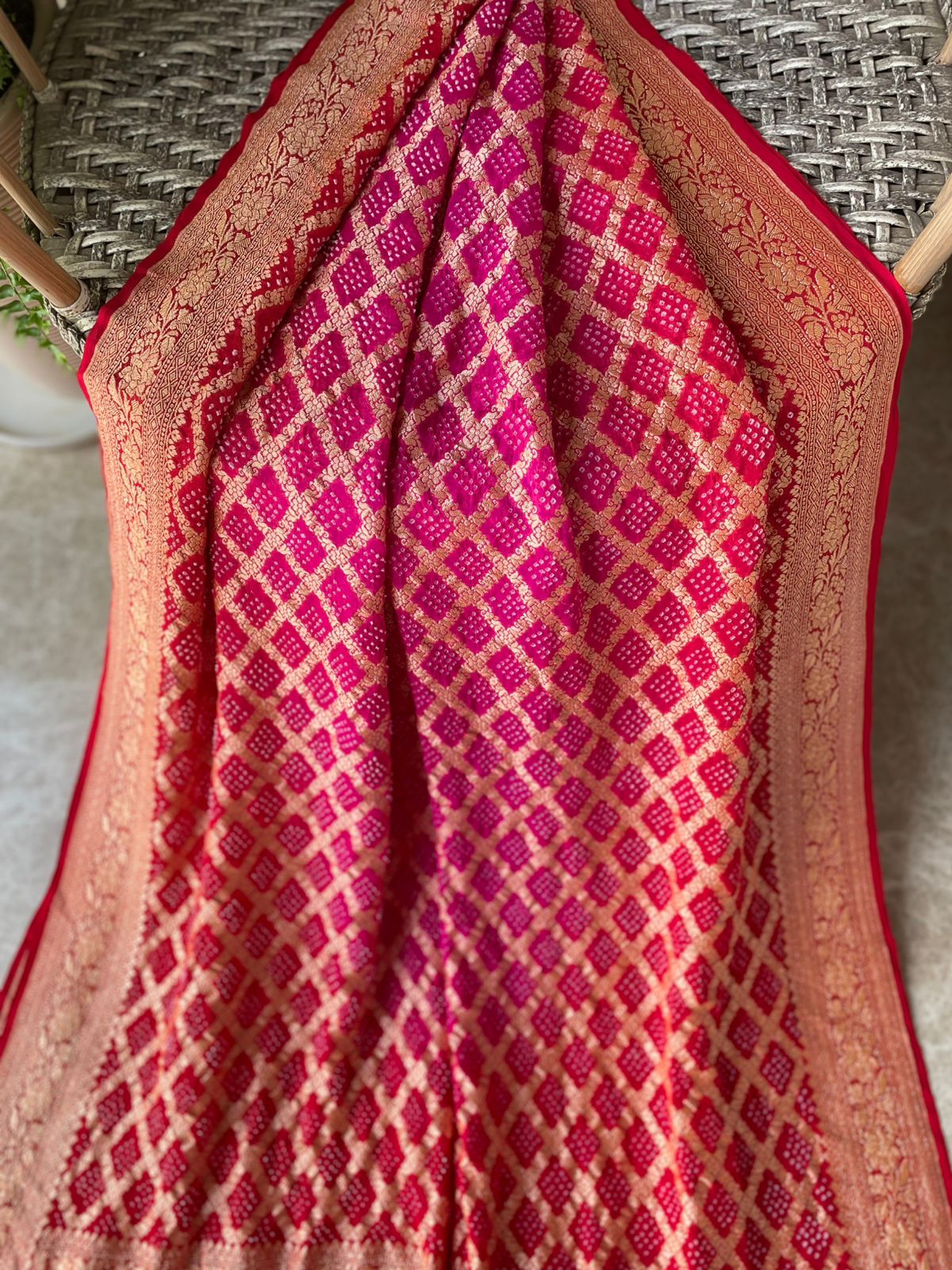 Sumeha - Red & Pink Bandhani Banarasi Saree