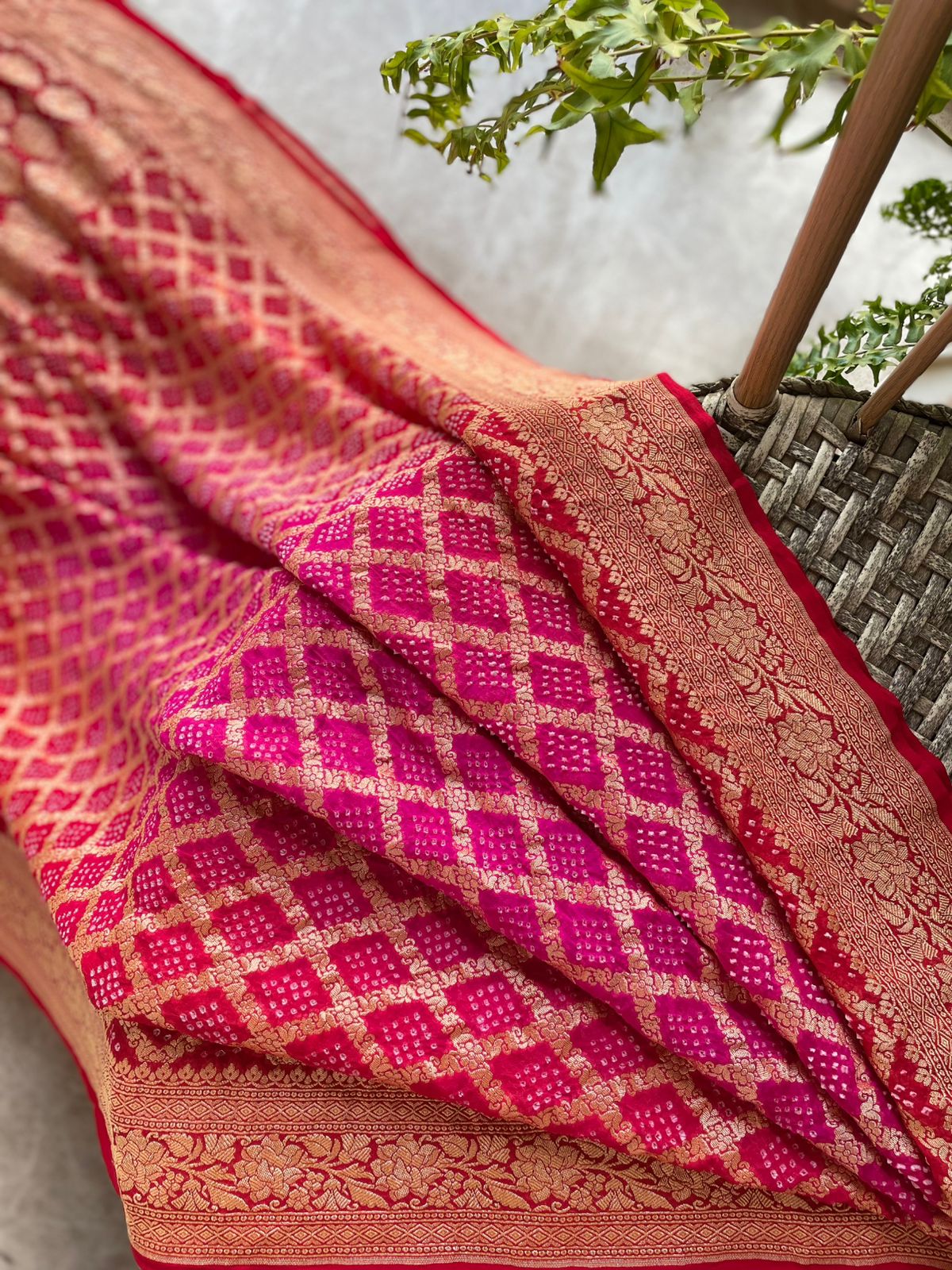 Sumeha - Red & Pink Bandhani Banarasi Saree