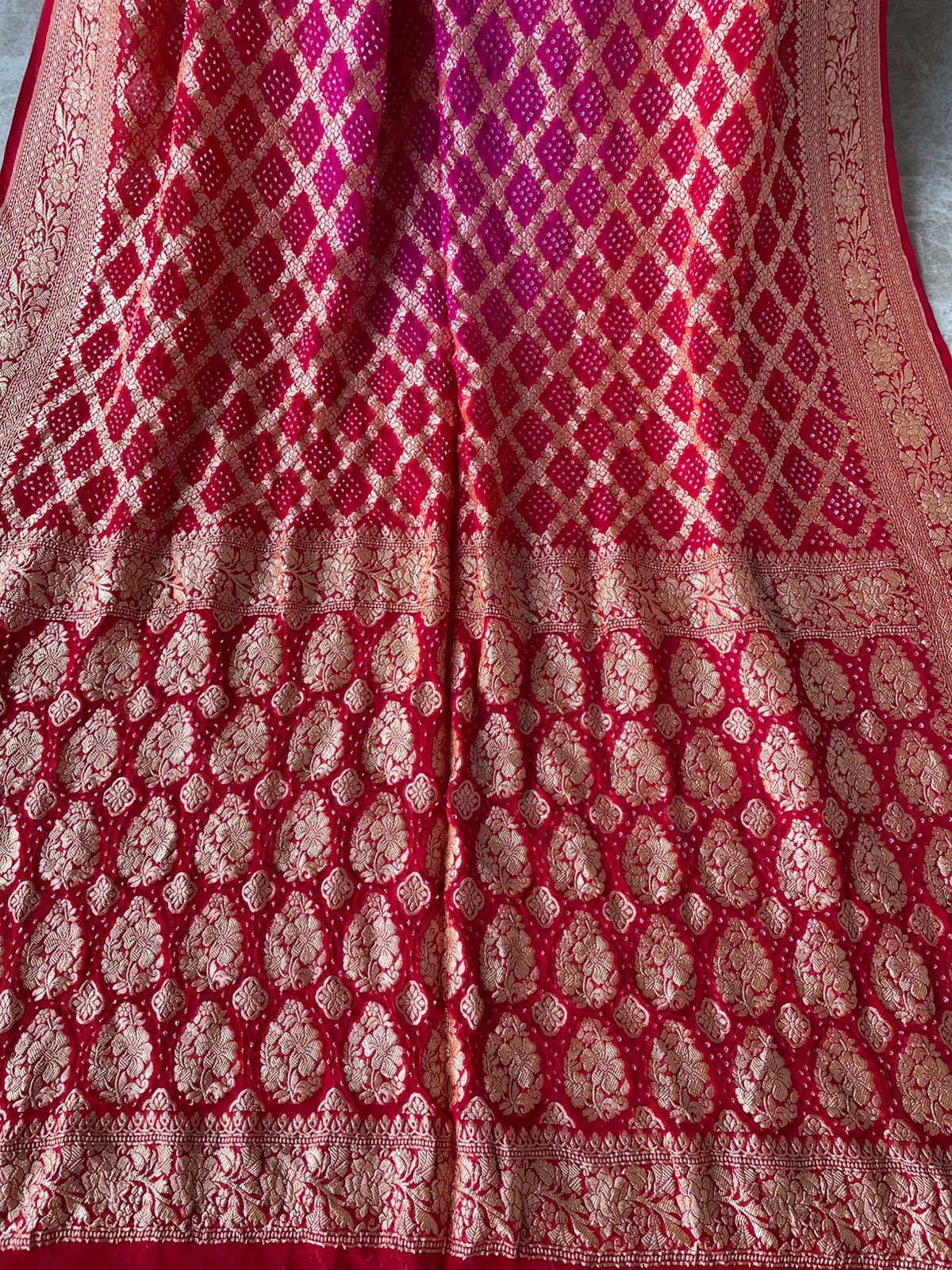 Sumeha - Red & Pink Bandhani Banarasi Saree