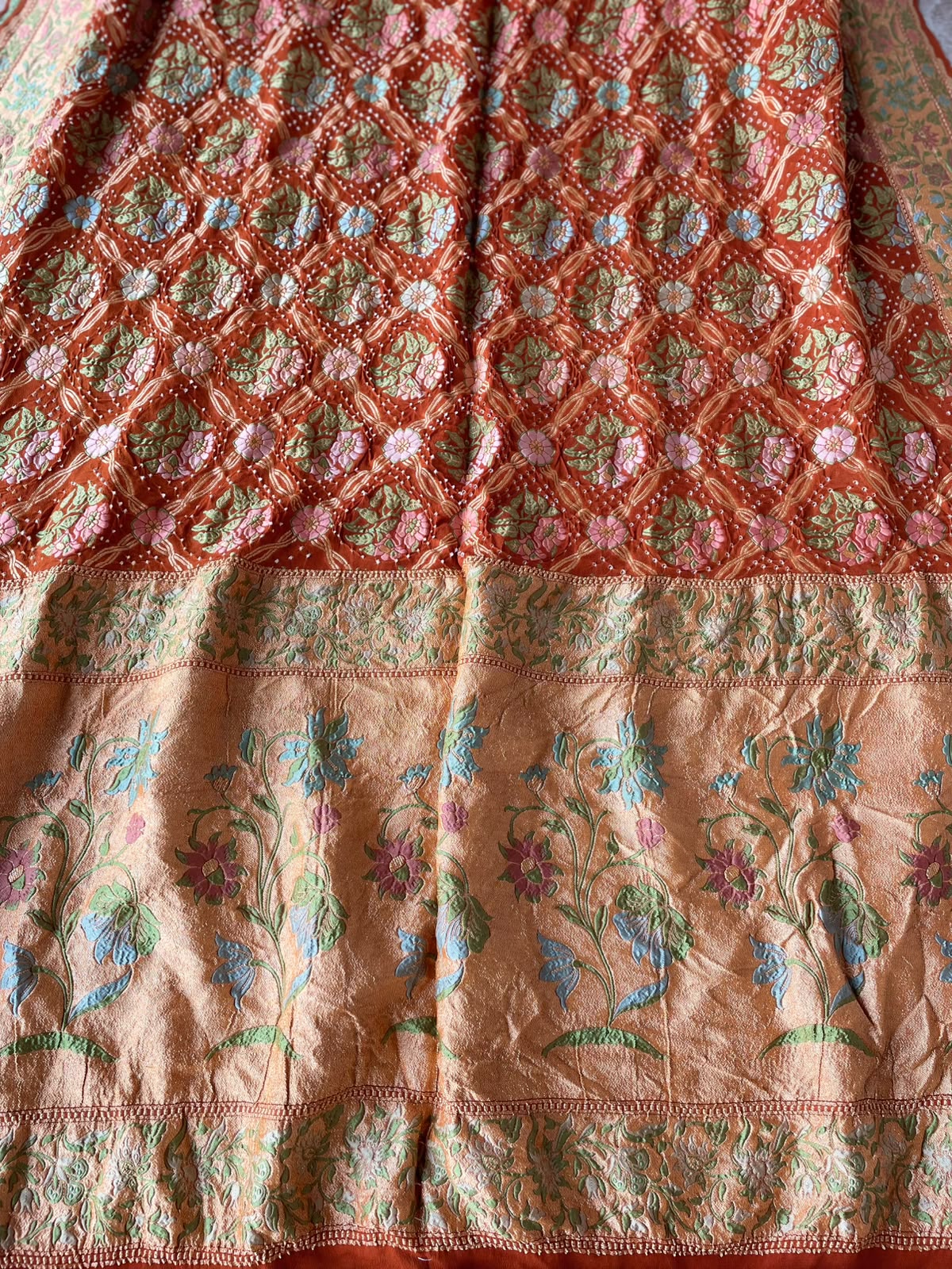 Mitali - Burnt Orange Tilfi Meenakari Bandhani Saree