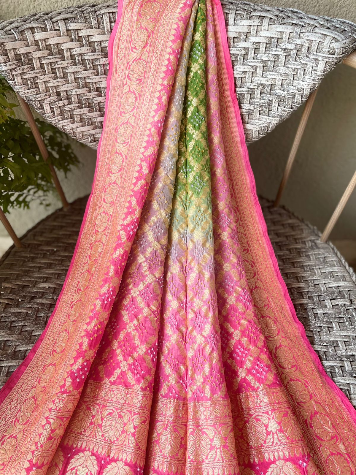 Diya - Pink & Green Bandhani Banarasi Dupatta
