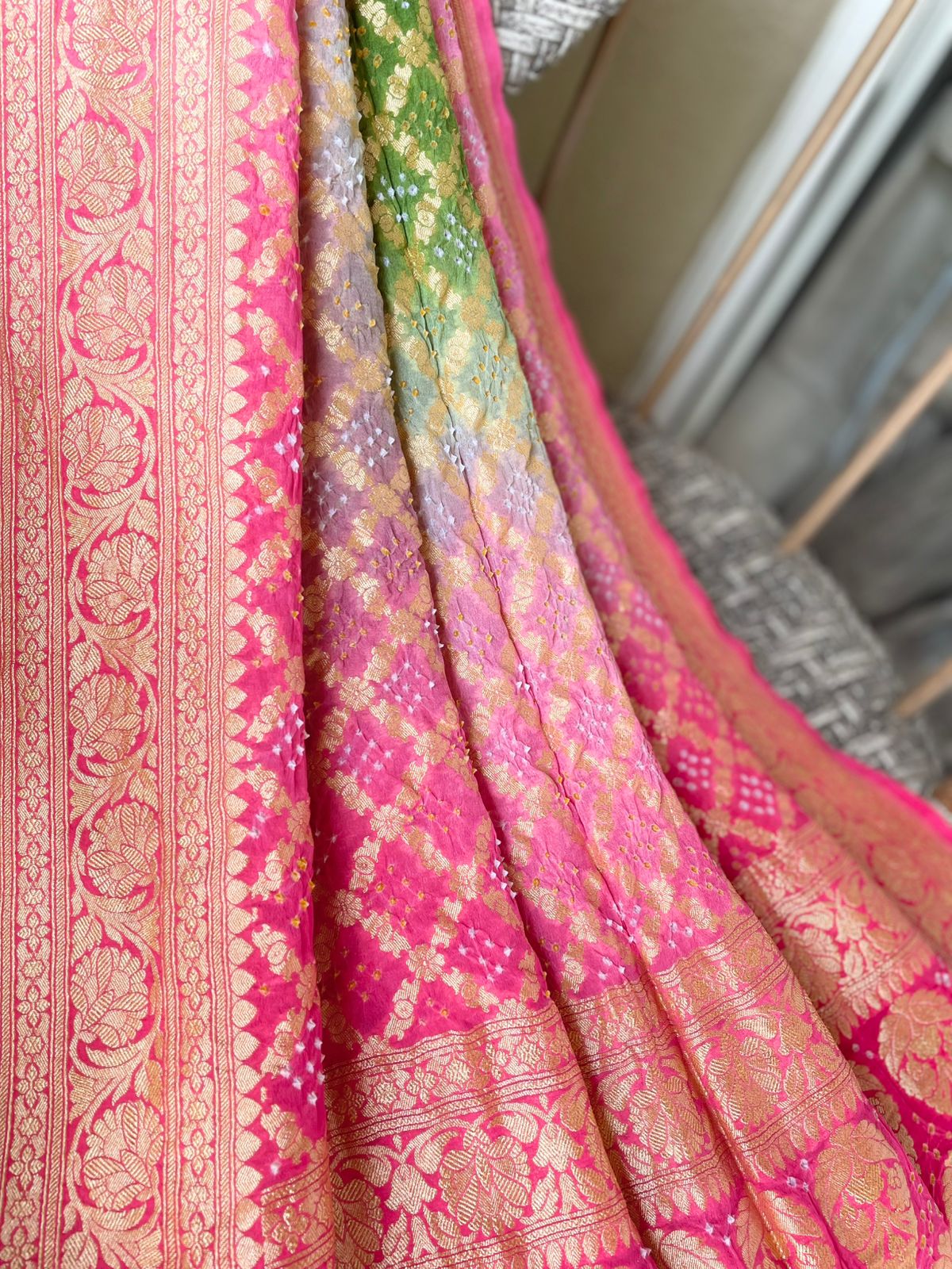 Diya - Pink & Green Bandhani Banarasi Dupatta