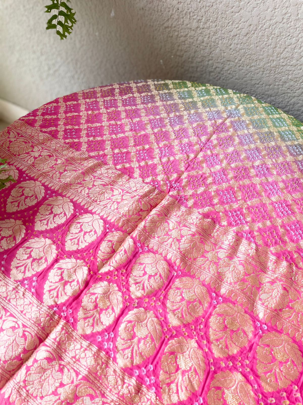 Diya - Pink & Green Bandhani Banarasi Dupatta