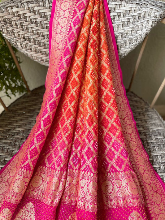 Leela - Pink & Orange Bandhani Banarasi Dupatta
