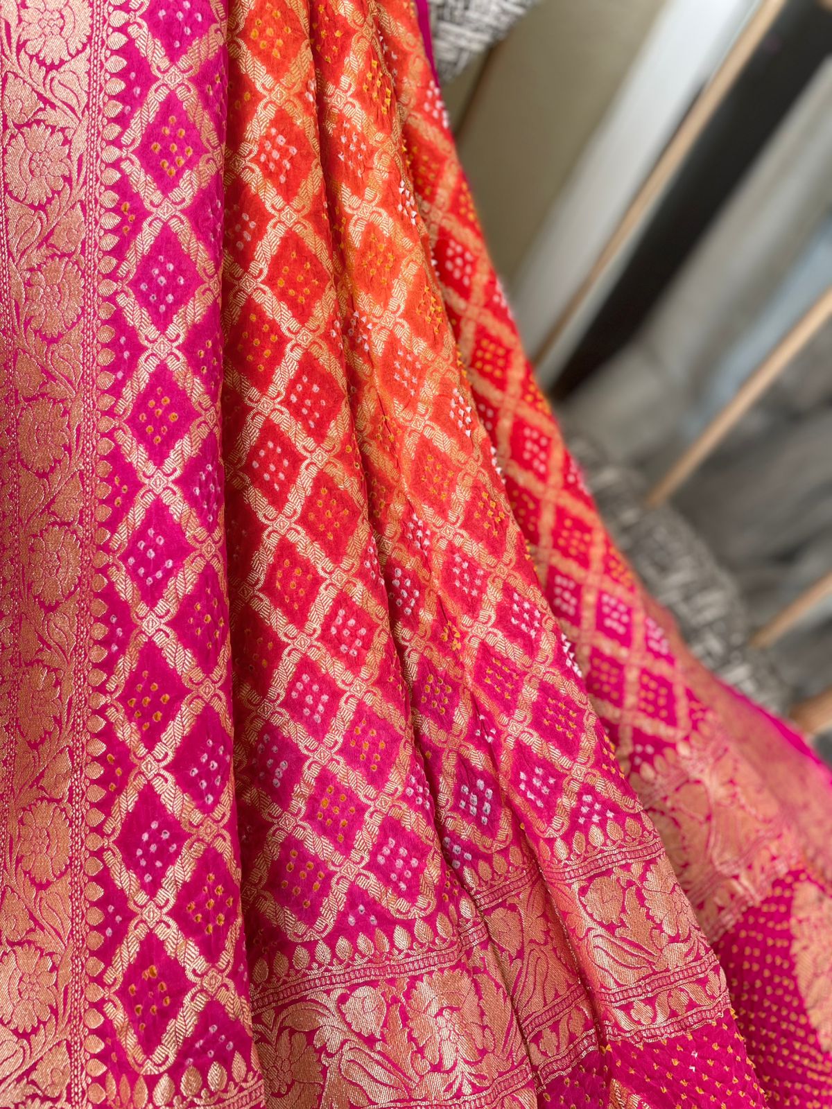 Leela - Pink & Orange Bandhani Banarasi Dupatta