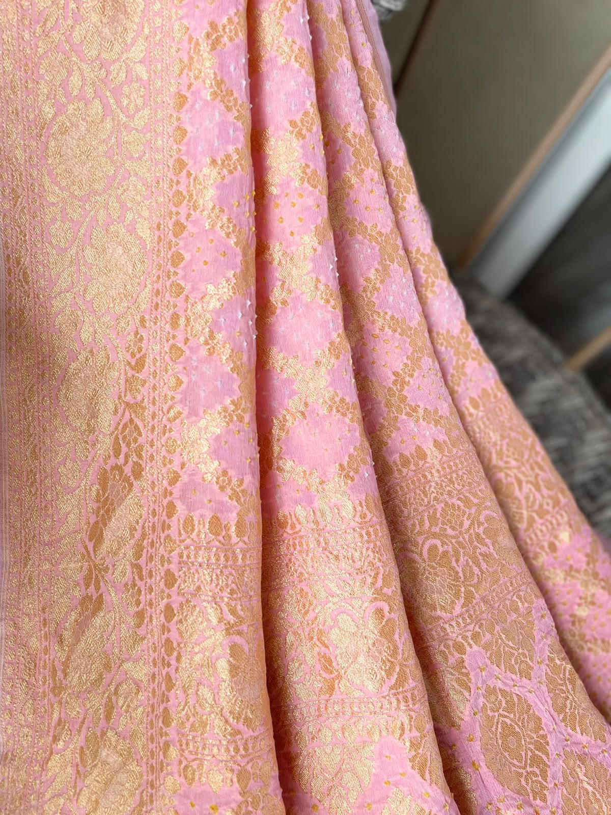 Sakhi - Peach Bandhani Banarasi Dupatta
