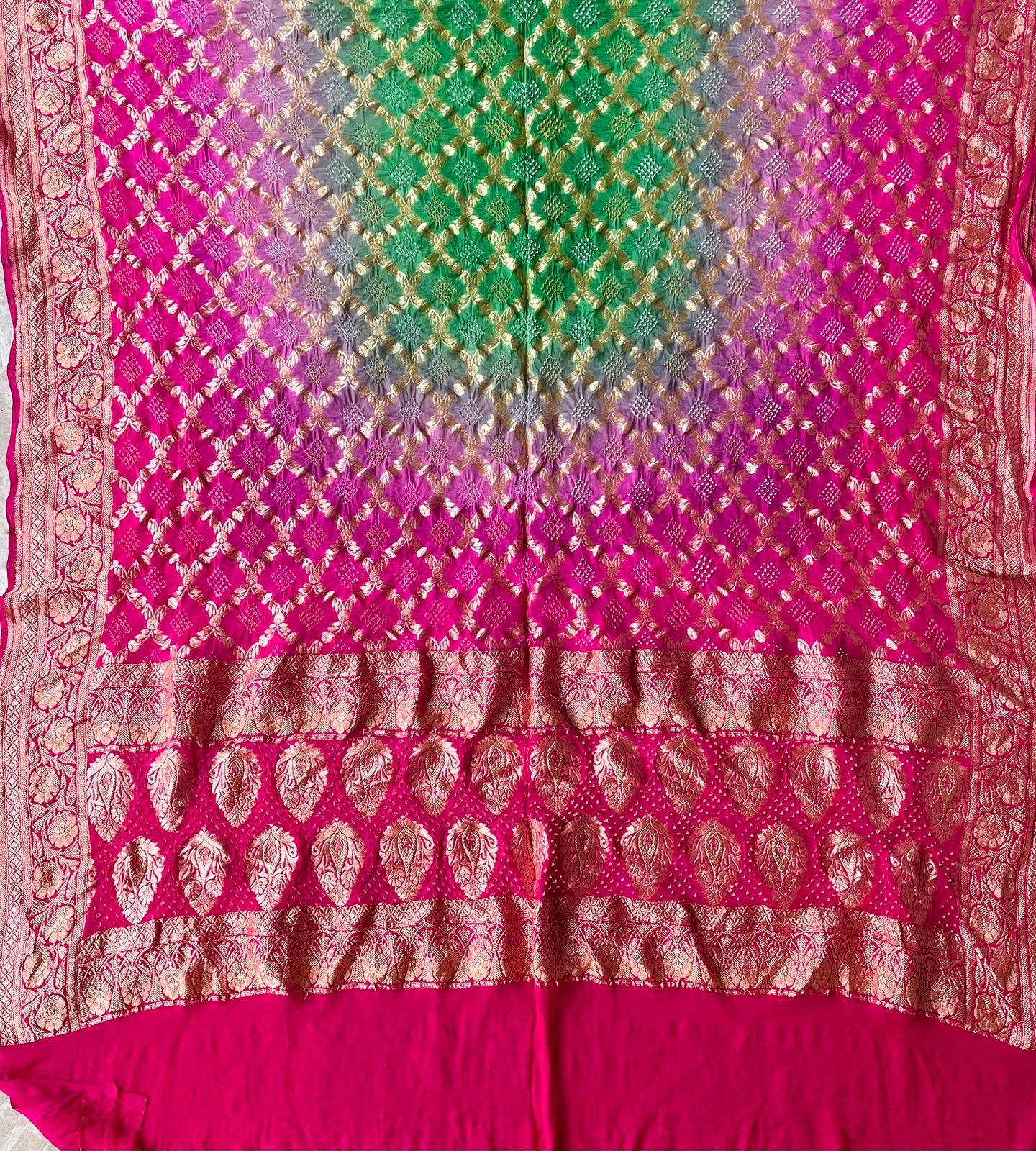 Nandani - Pink & Green Bandhani Banarasi Dupatta