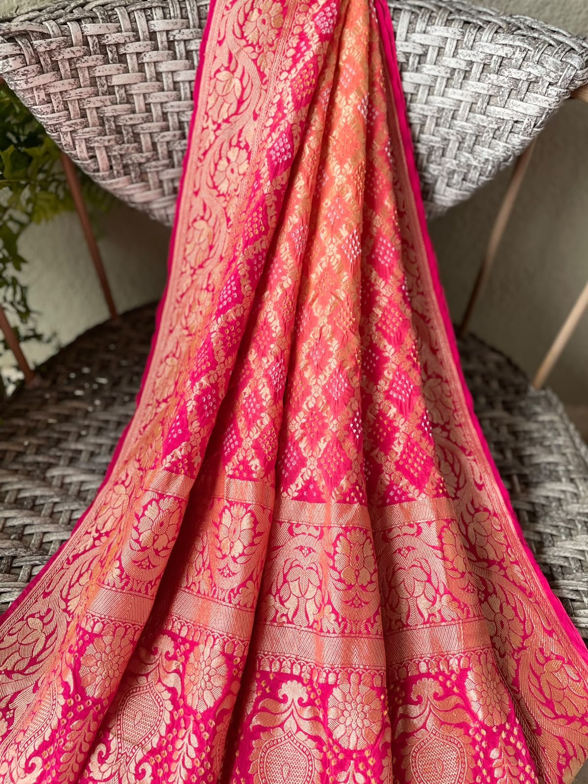 Ridhima - Rani Pink & Peach Bandhani Banarasi Dupatta