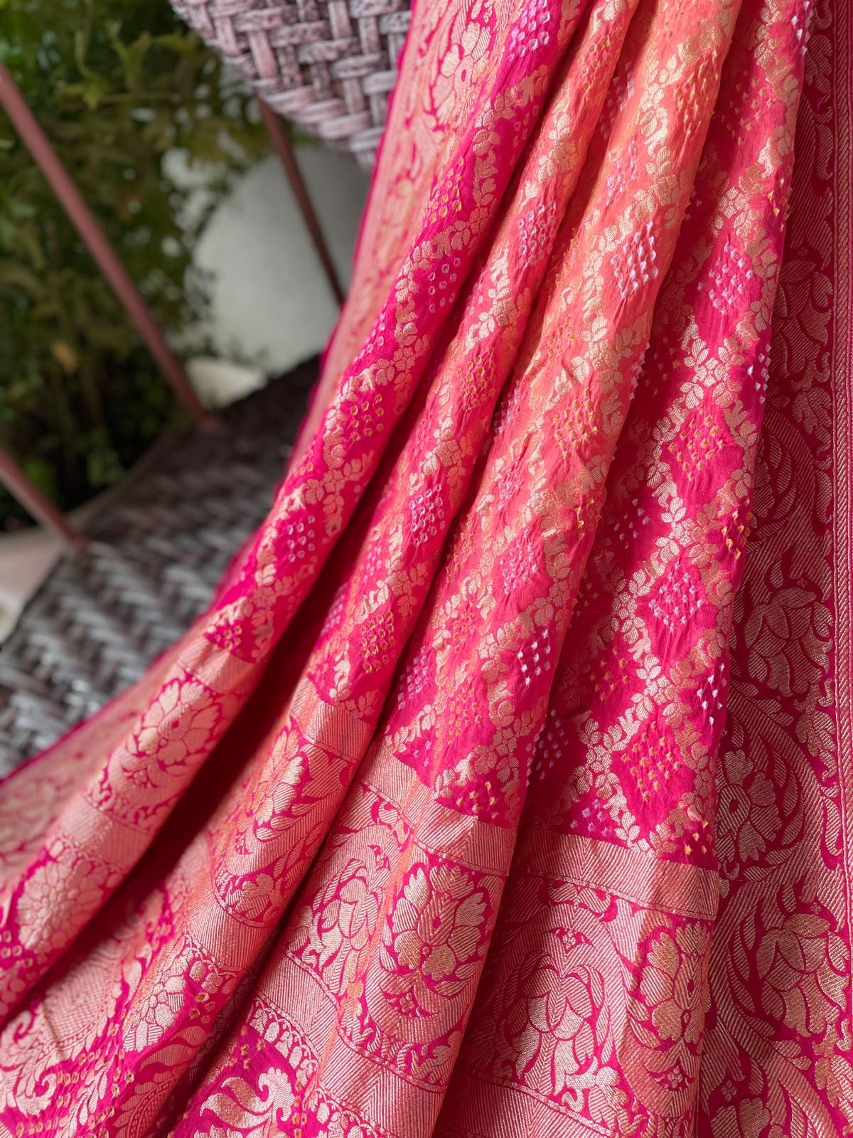 Ridhima - Rani Pink & Peach Bandhani Banarasi Dupatta