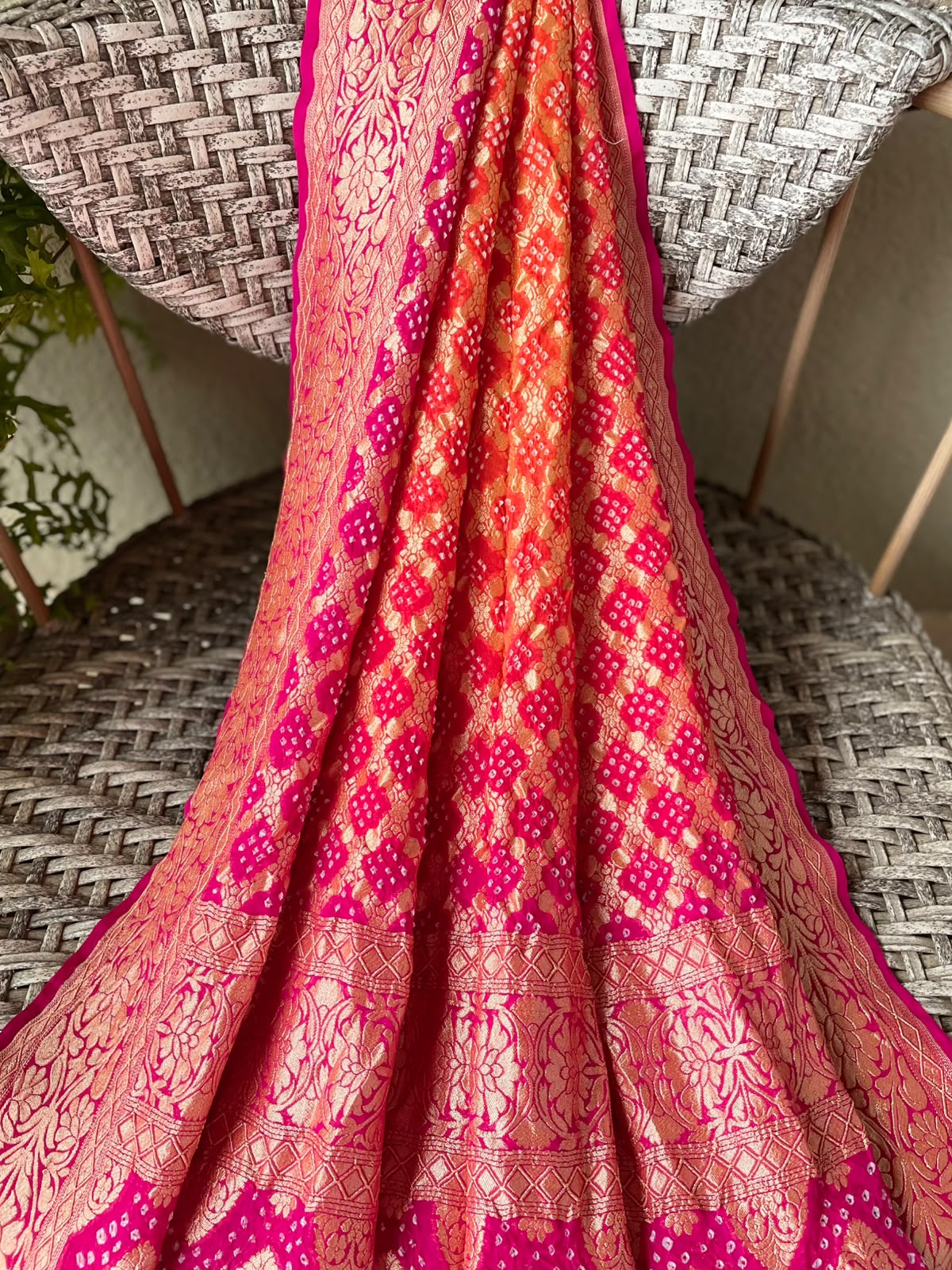 Leela - Pink & Orange Bandhani Banarasi Dupatta