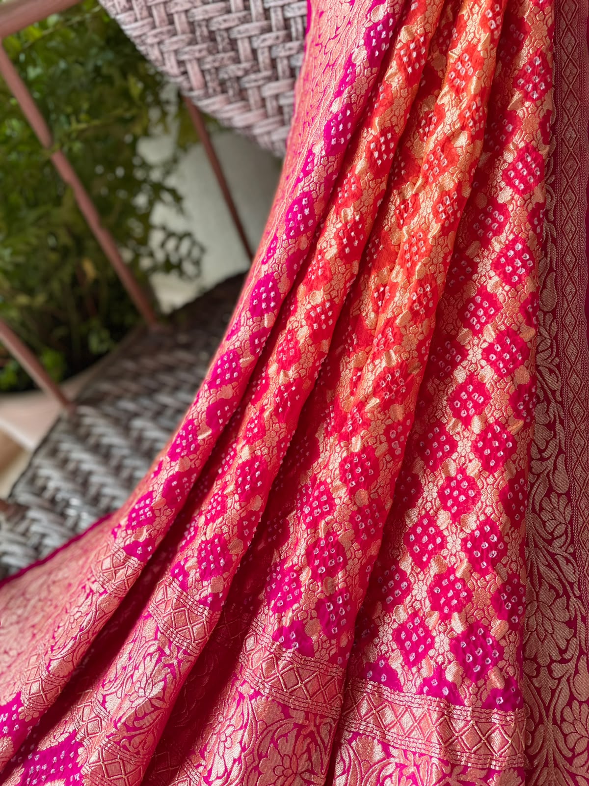 Leela - Pink & Orange Bandhani Banarasi Dupatta