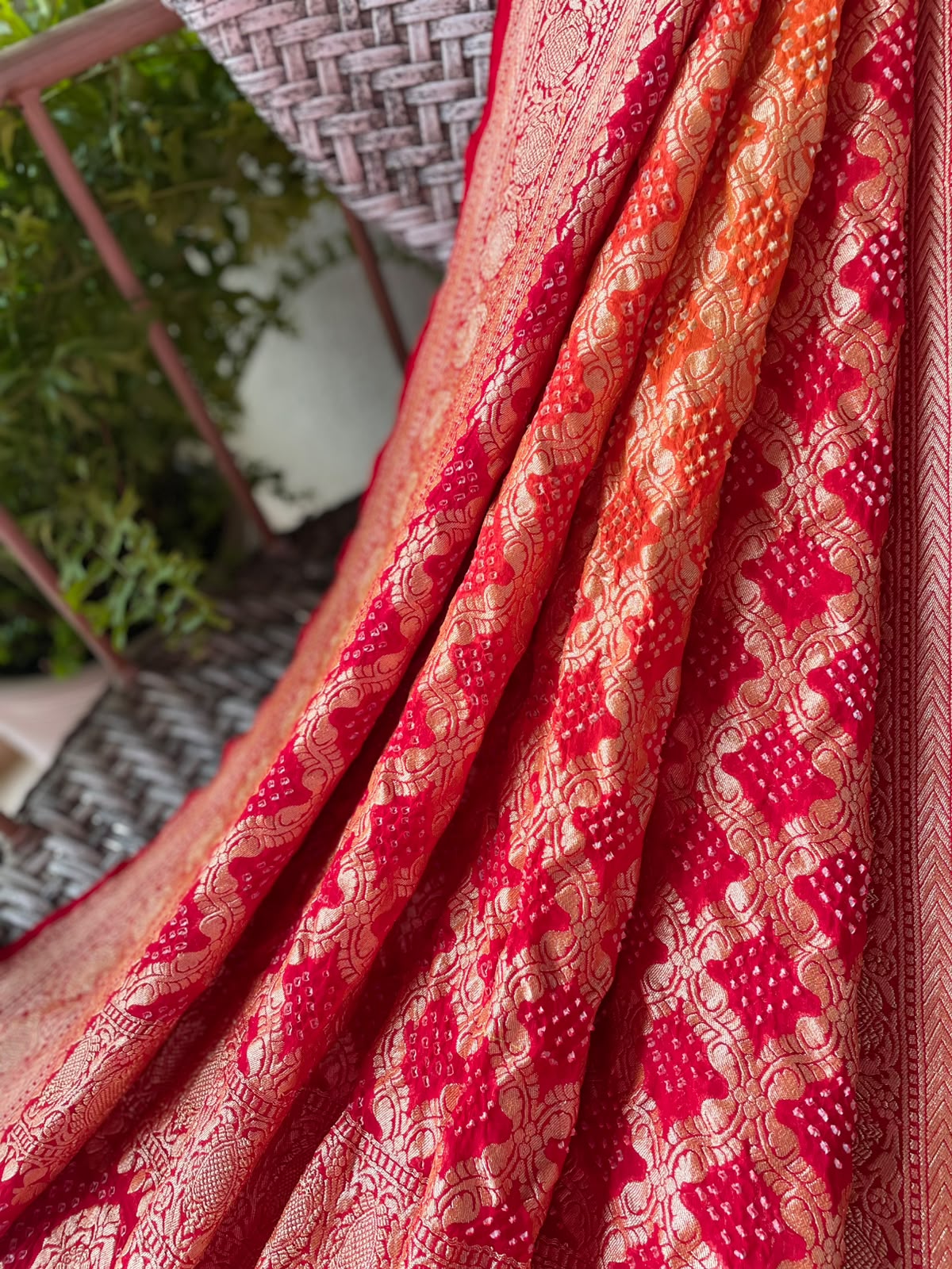 Hoor - Red & Orange Bandhani Banarasi Dupatta