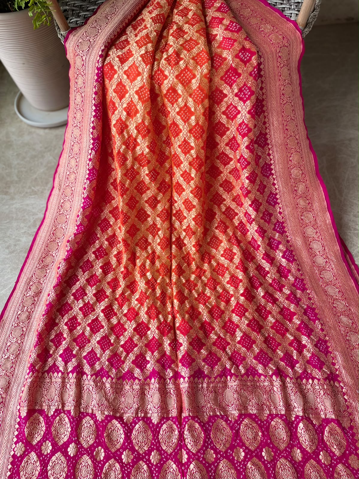 Manya - Pink & Orange Bandhani Banarasi Saree