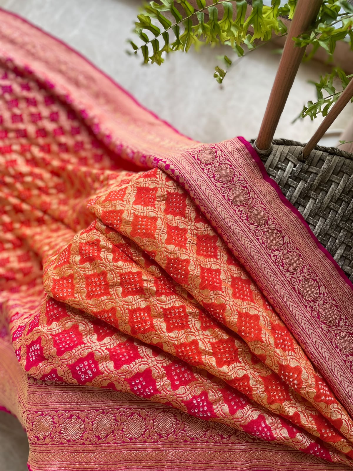 Manya - Pink & Orange Bandhani Banarasi Saree