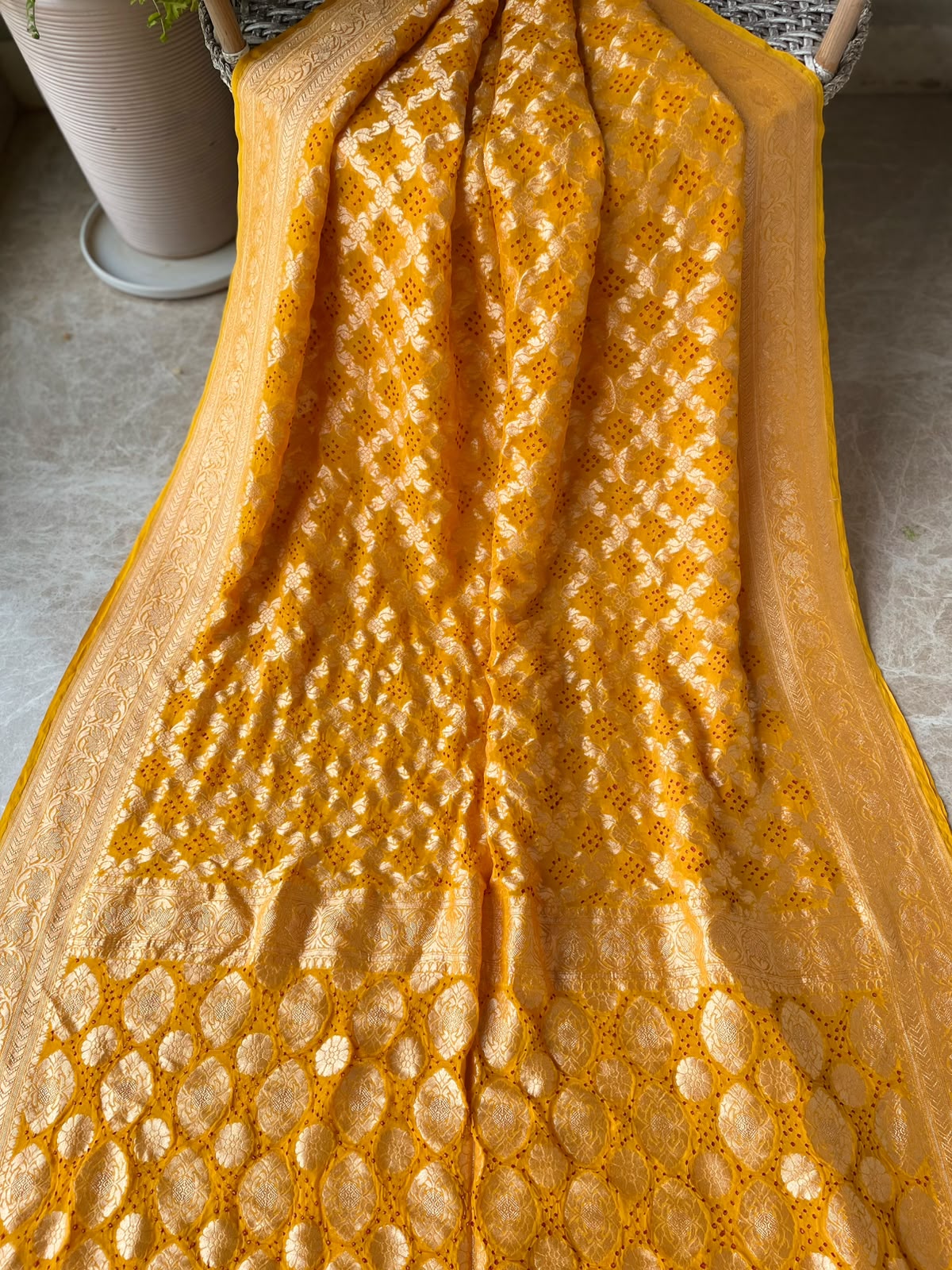 Mihika - Yellow Bandhani Banarasi Saree