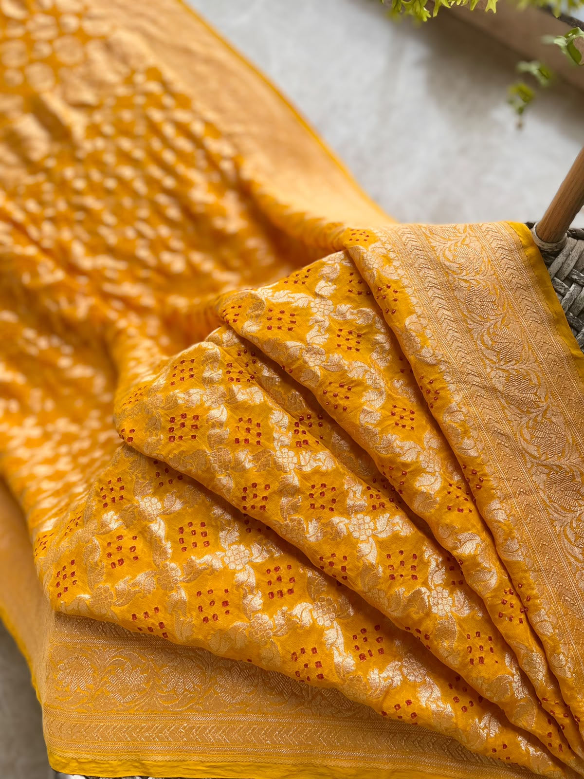 Mihika - Yellow Bandhani Banarasi Saree