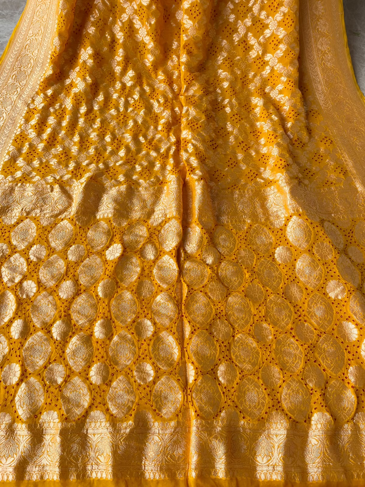 Mihika - Yellow Bandhani Banarasi Saree