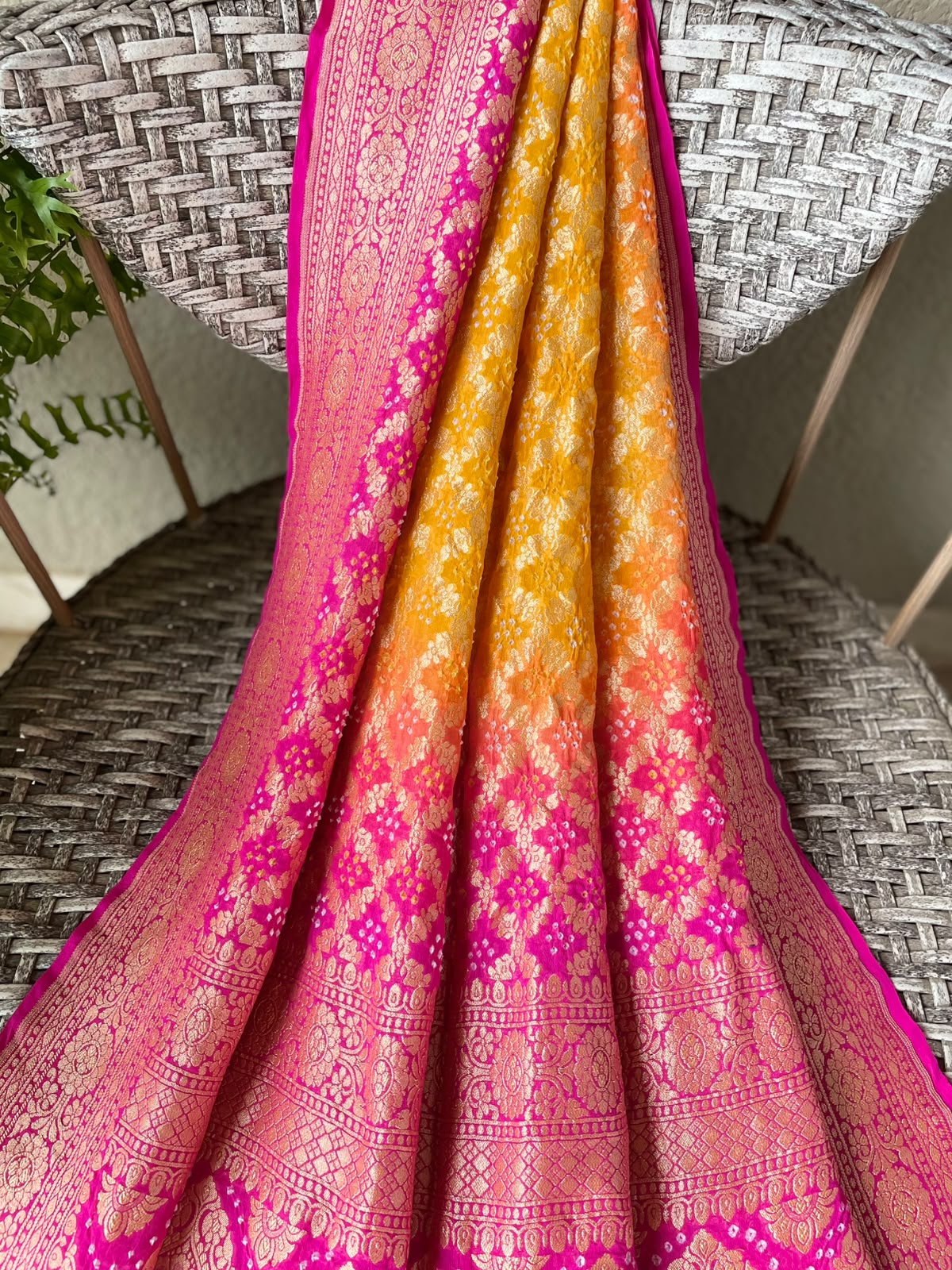 Zara - Pink & Yellow Bandhani Banarasi Dupatta
