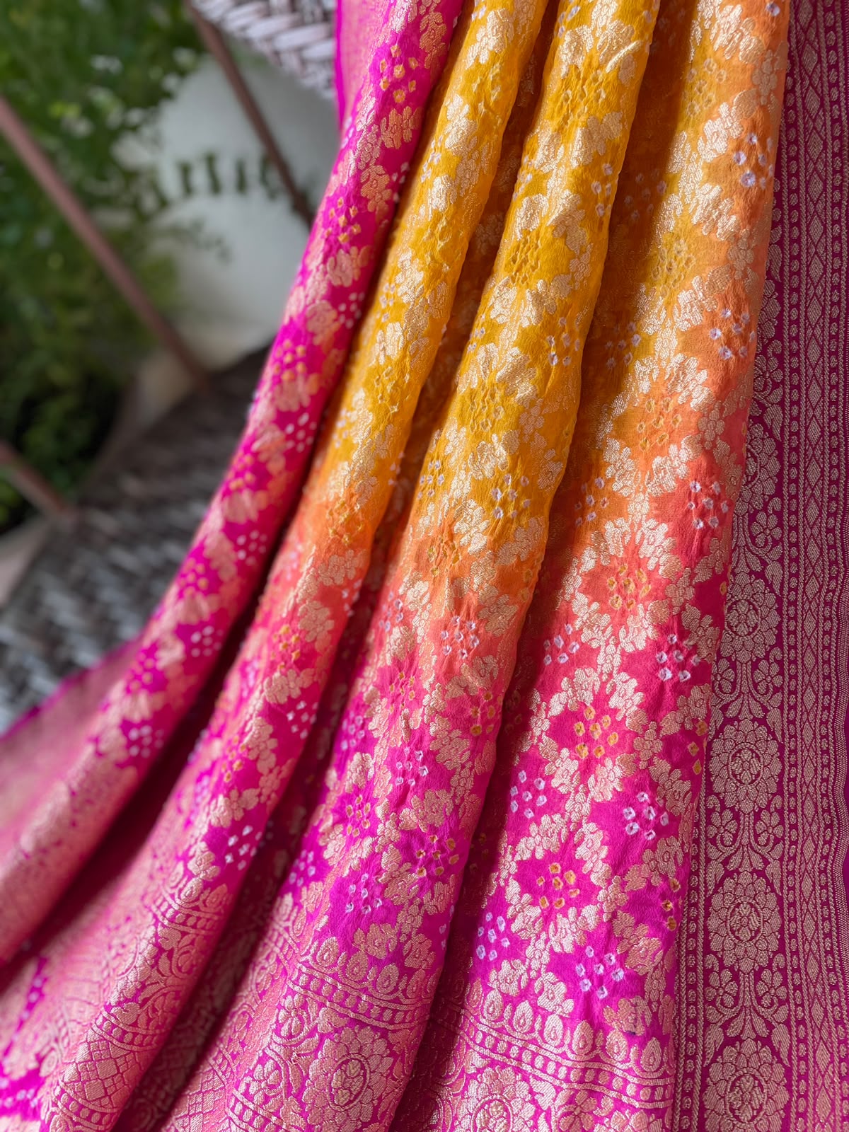 Zara - Pink & Yellow Bandhani Banarasi Dupatta
