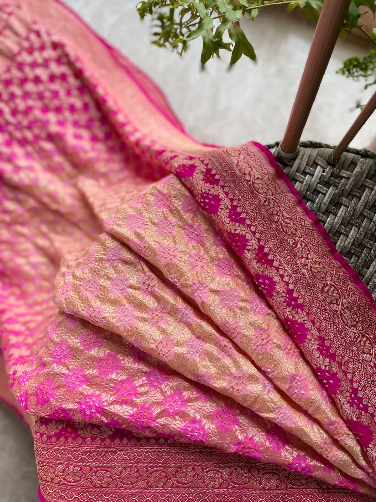 Divya - Pink & Peach Bandhani Banarasi Saree