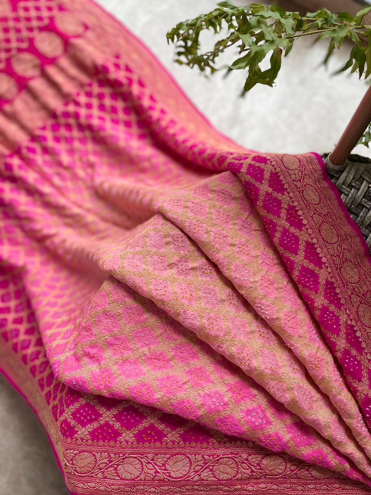 Smitha - Pink & Peach Bandhani Banarasi Saree