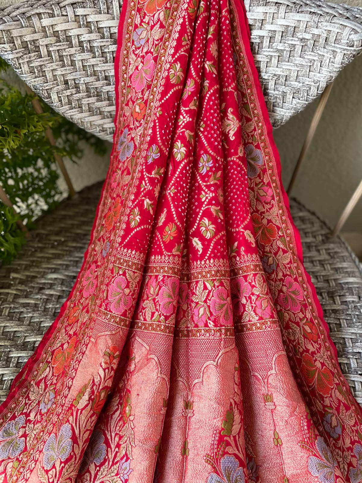 Amita - Red Tilfi Meenakari Bandhani Dupatta