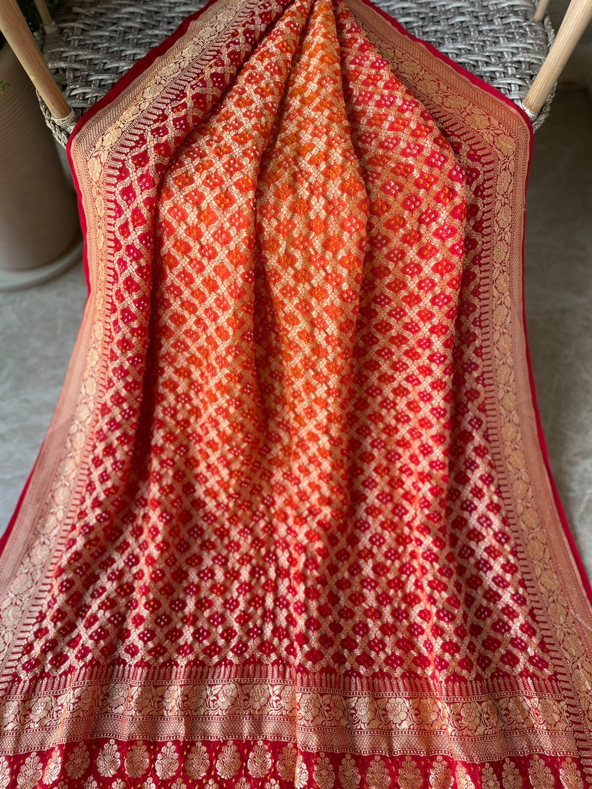 Shrishti - Red & Orange Bandhani Banarasi Saree