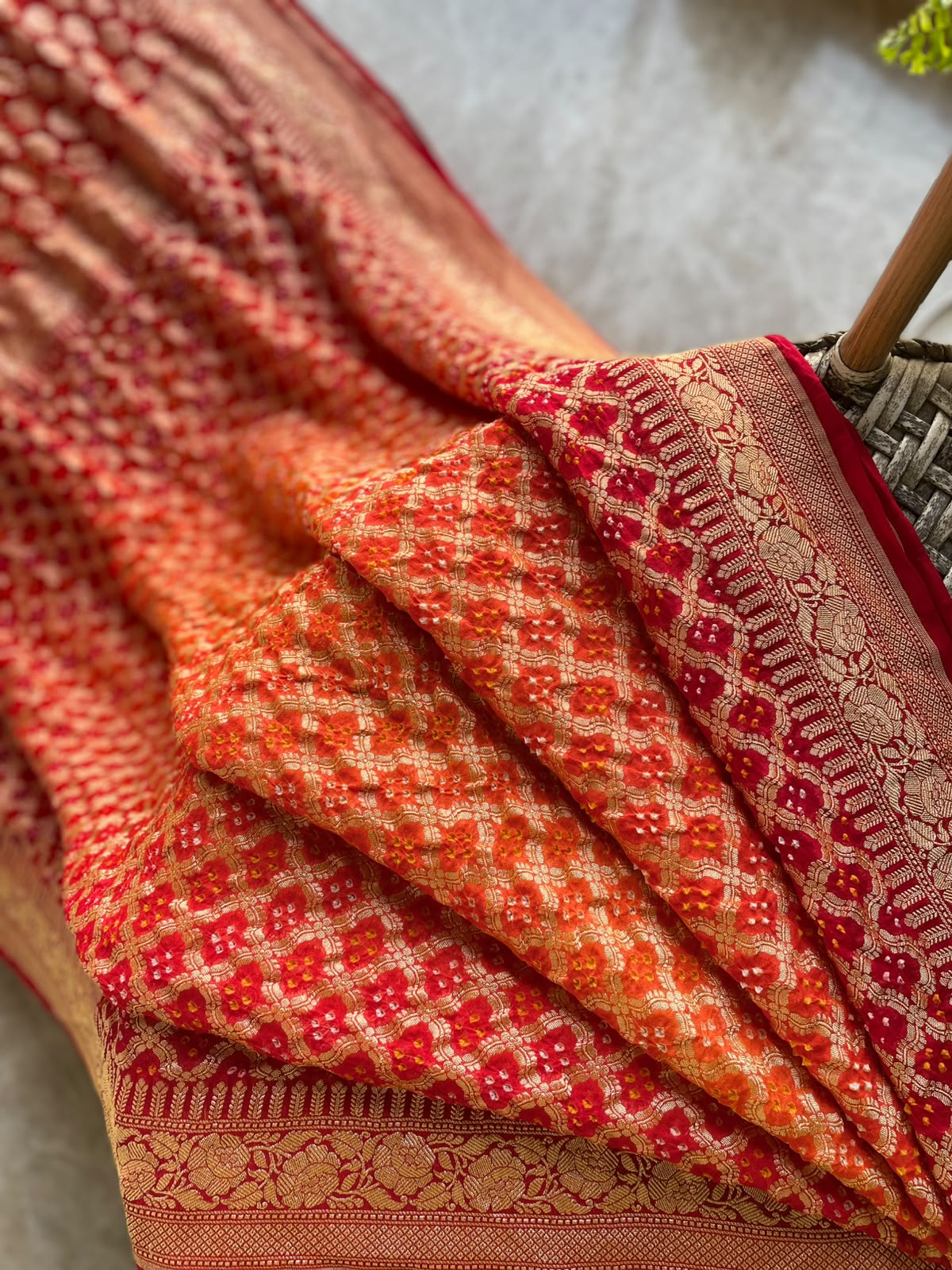 Shrishti - Red & Orange Bandhani Banarasi Saree