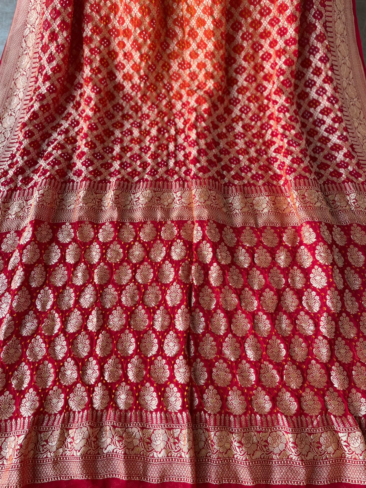 Shrishti - Red & Orange Bandhani Banarasi Saree