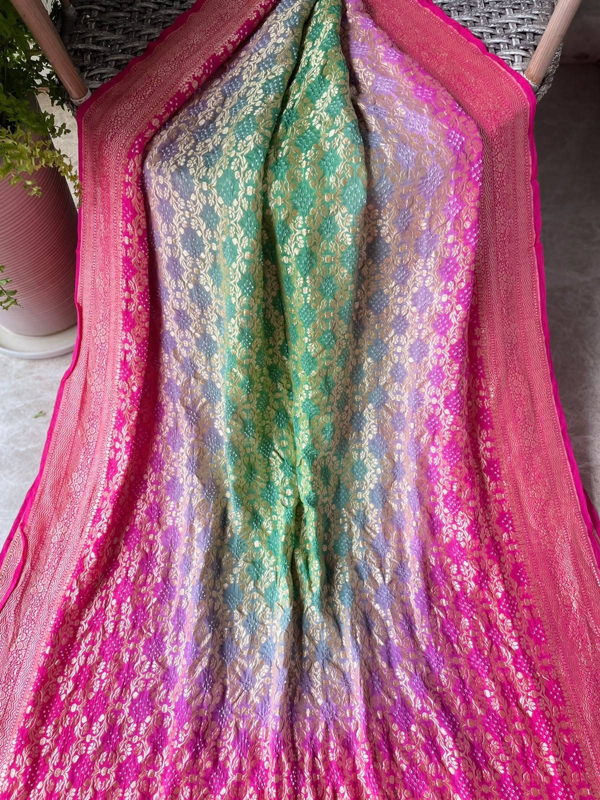 Ritika - Rani Pink & Green Bandhani Banarasi Saree