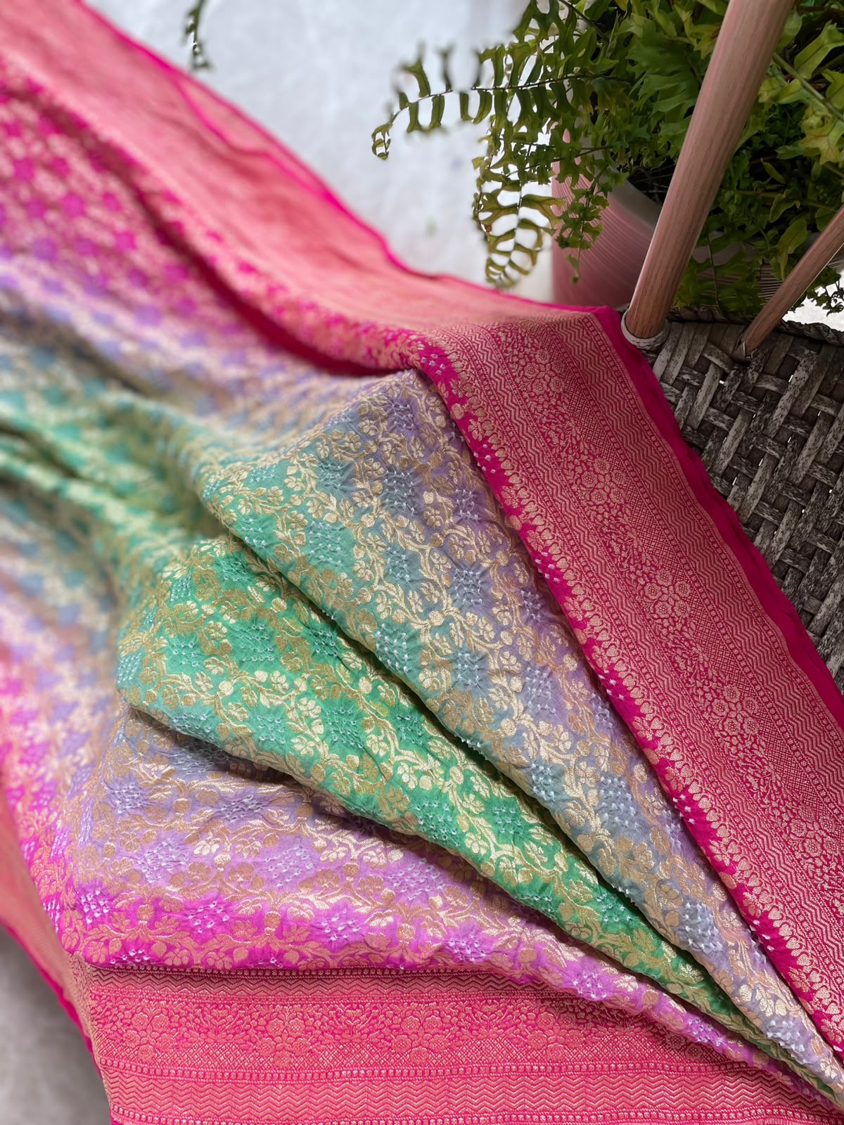 Ritika - Rani Pink & Green Bandhani Banarasi Saree