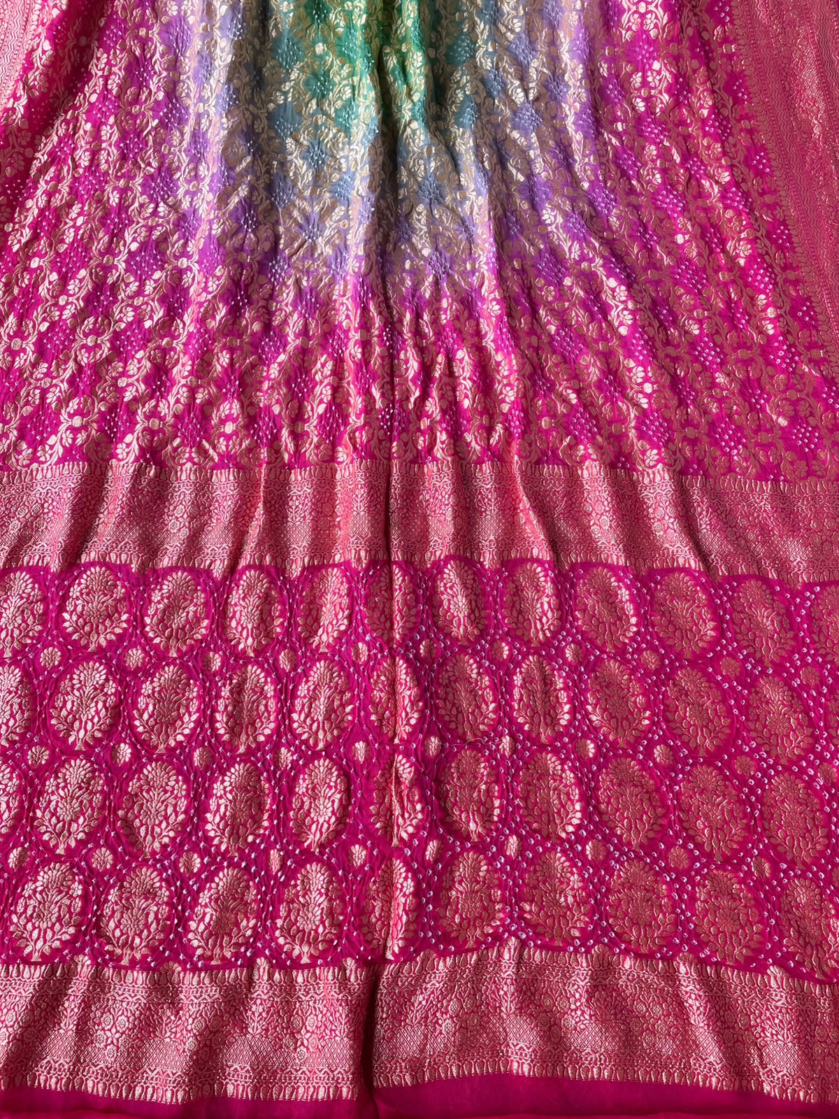 Ritika - Rani Pink & Green Bandhani Banarasi Saree