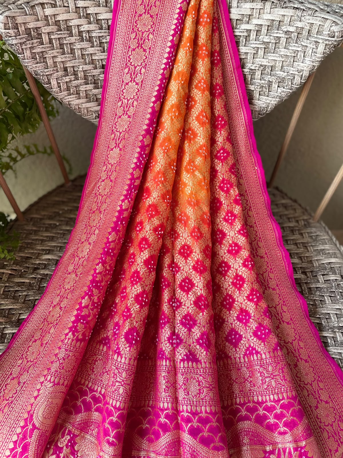 Preet - Pink & Orange Bandhani Banarasi Dupatta