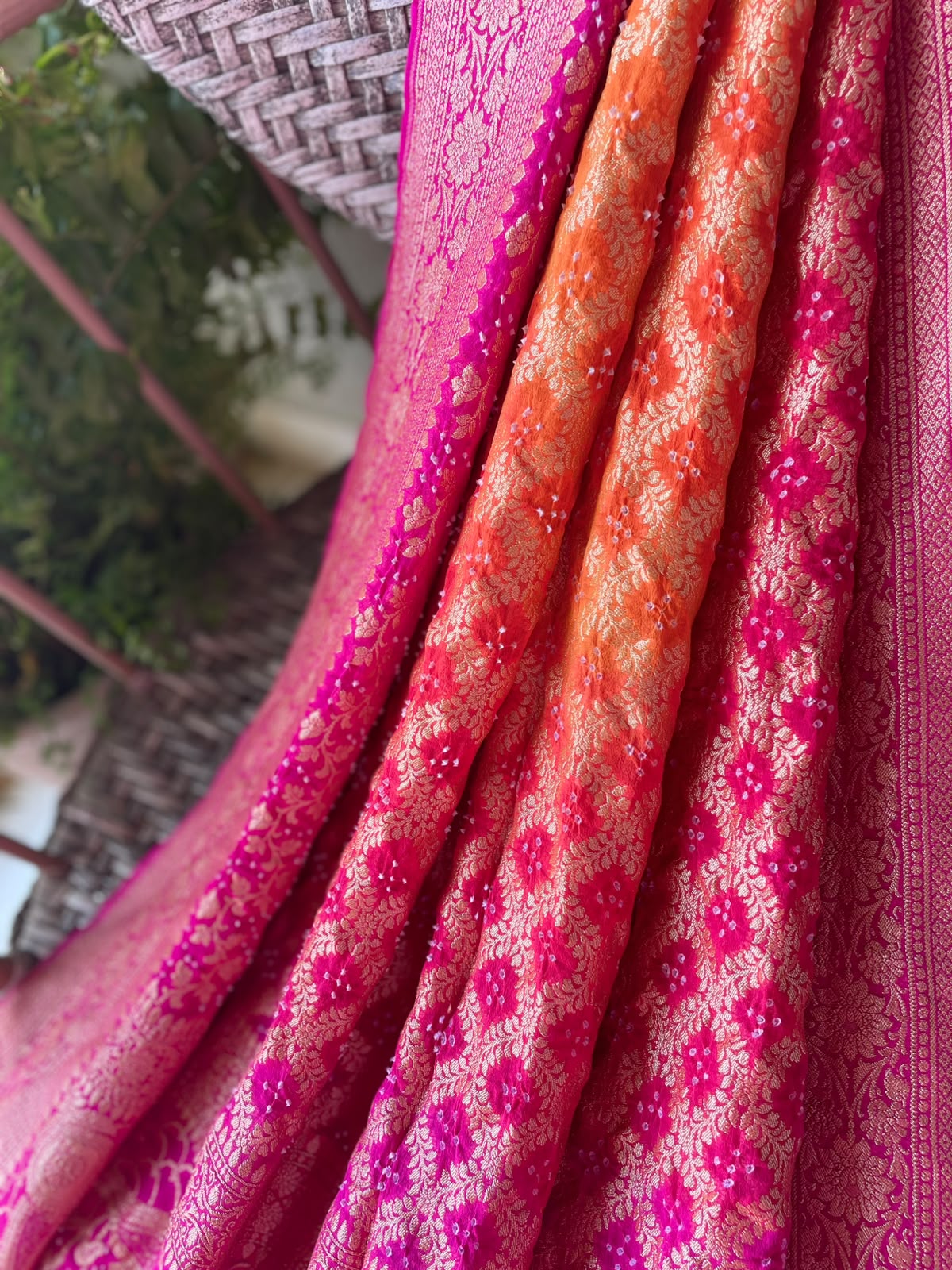 Preet - Pink & Orange Bandhani Banarasi Dupatta
