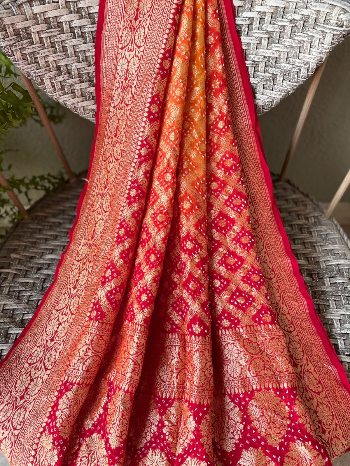 Hoor - Red & Orange Bandhani Banarasi Dupatta