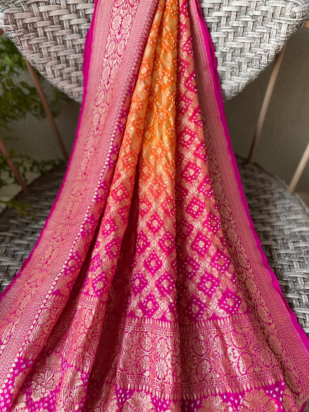 Leela - Pink & Orange Bandhani Banarasi Dupatta