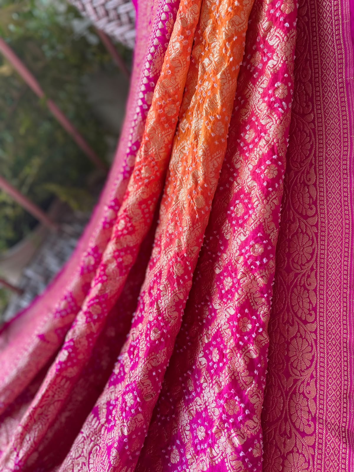 Leela - Pink & Orange Bandhani Banarasi Dupatta